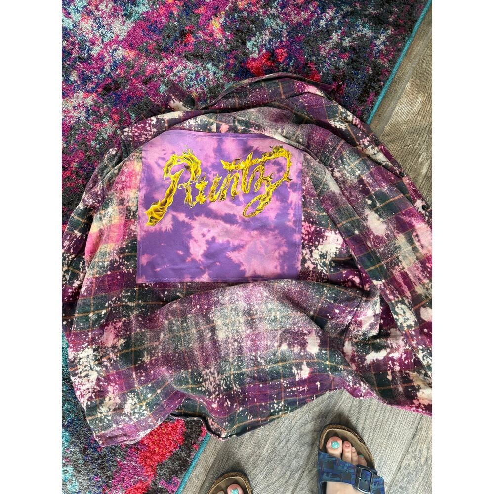 Runtz Worldwide upcycled custom flannel shirt purple graphic tee on back bespoke